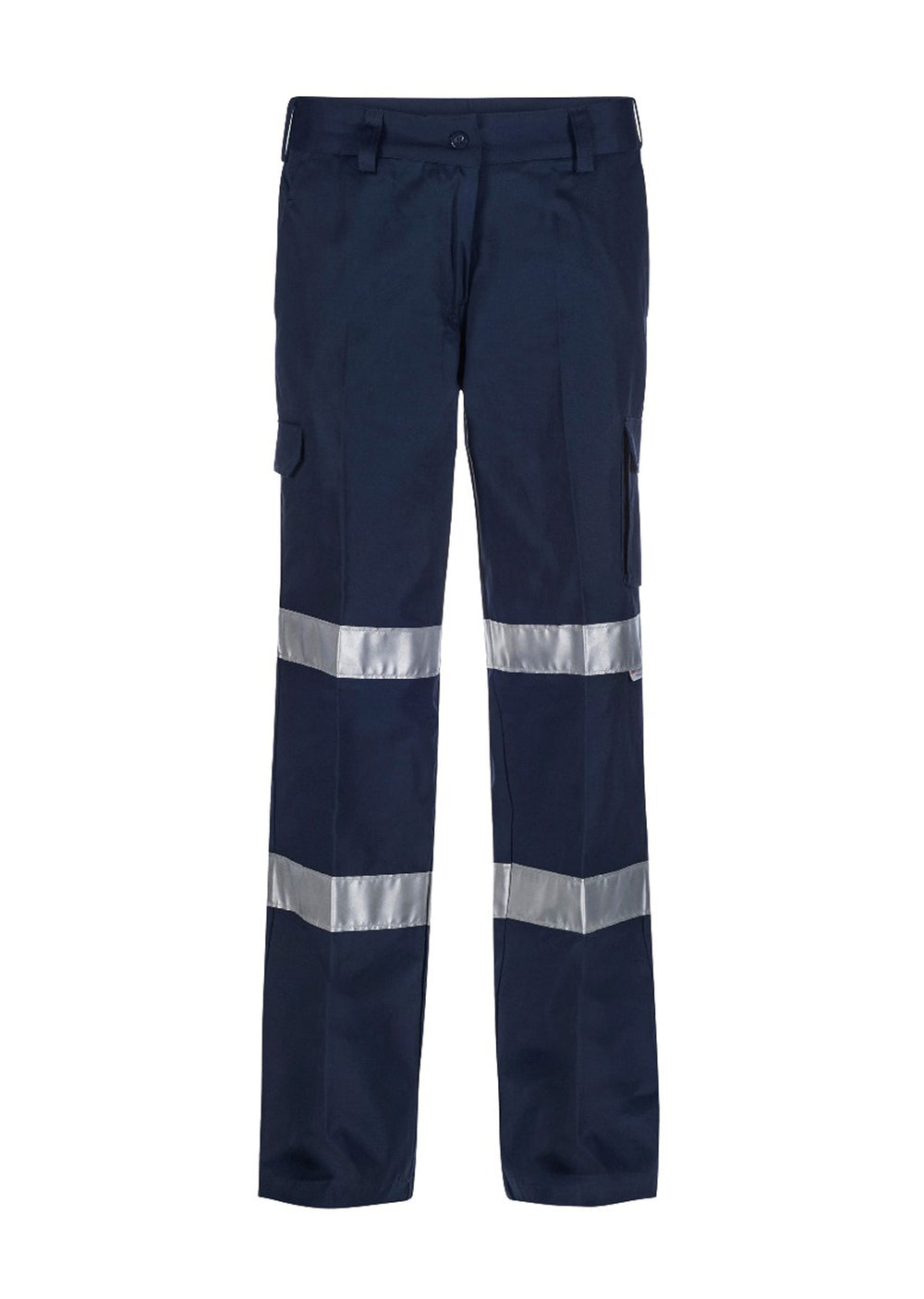 Women's Reflective Mid-Weight Cargo Cotton Drill Trouser, front view showcasing utility pockets and reflective trim.