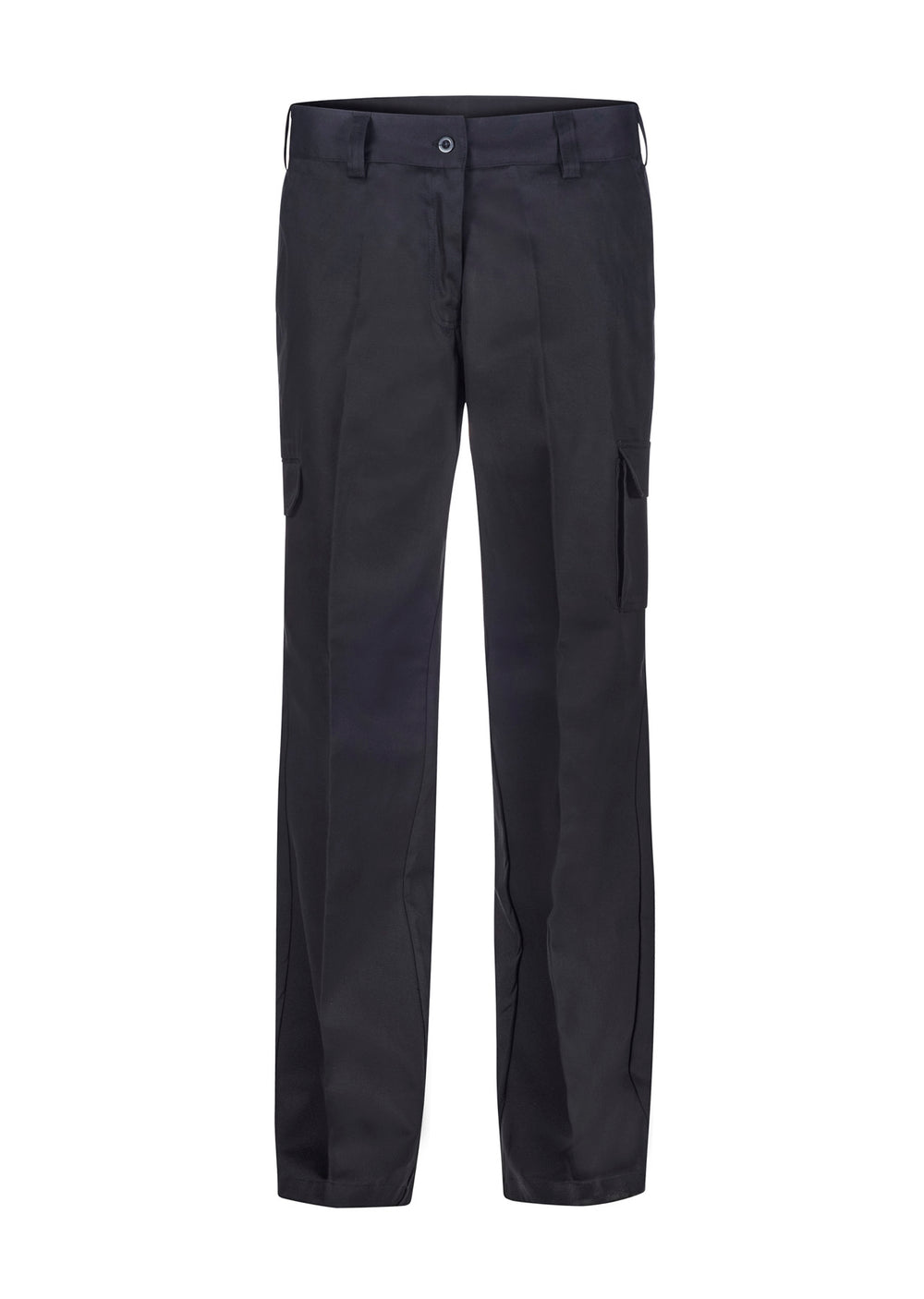 Women's black mid-weight cargo cotton drill trousers, front view with utility pockets and adjustable waistband.