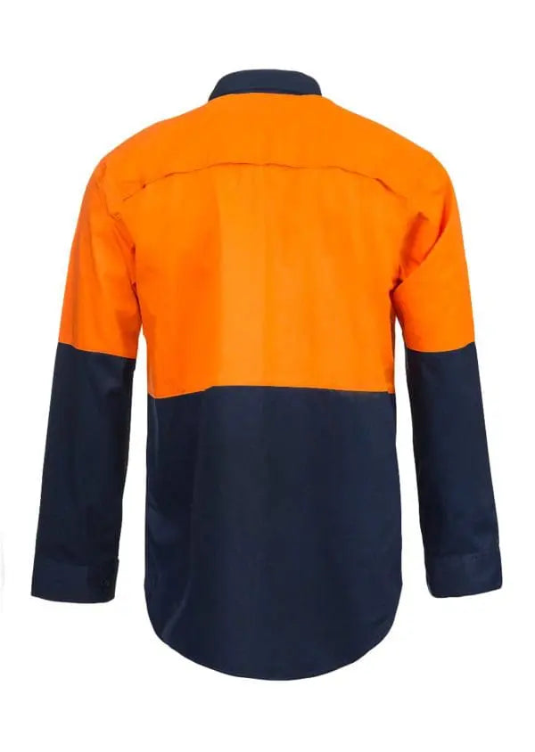 Rear view of hi-vis safety shirt with reflective stripes and vented panels for airflow.