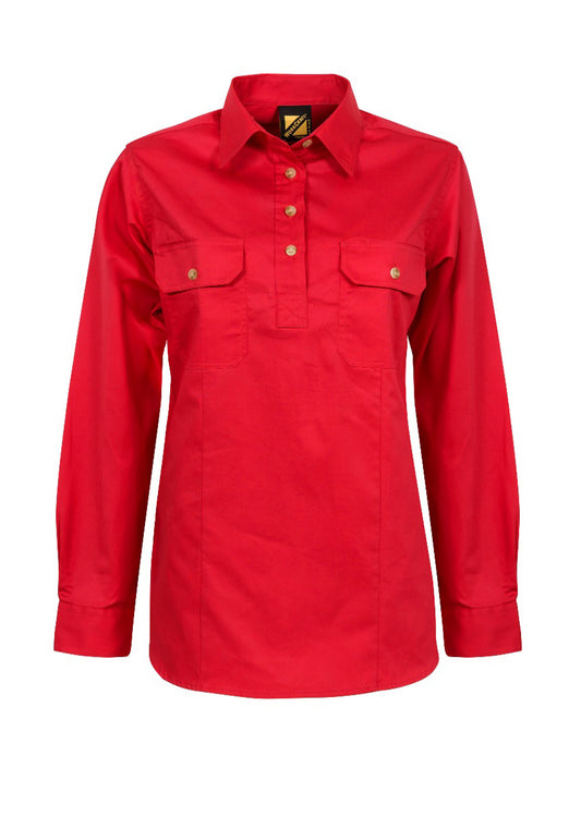 Workcraft Ladies Half-Placket Cotton Work Shirt – CRIMSON RED front