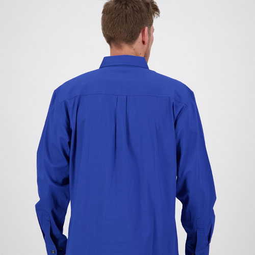 Back Detail of Men's Electric Blue Full Button Long-Sleeve Shirt - Durable Outdoor-Ready Design
