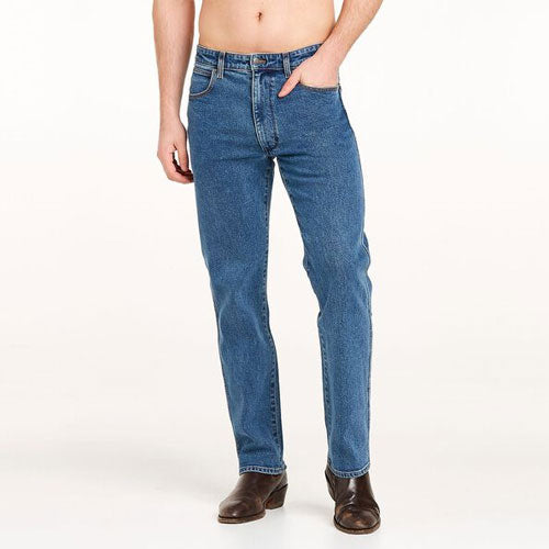 Close-up of Wrangler Men's Classic Straight Jean fabric: Durable 100% cotton denim with a broken-in feel