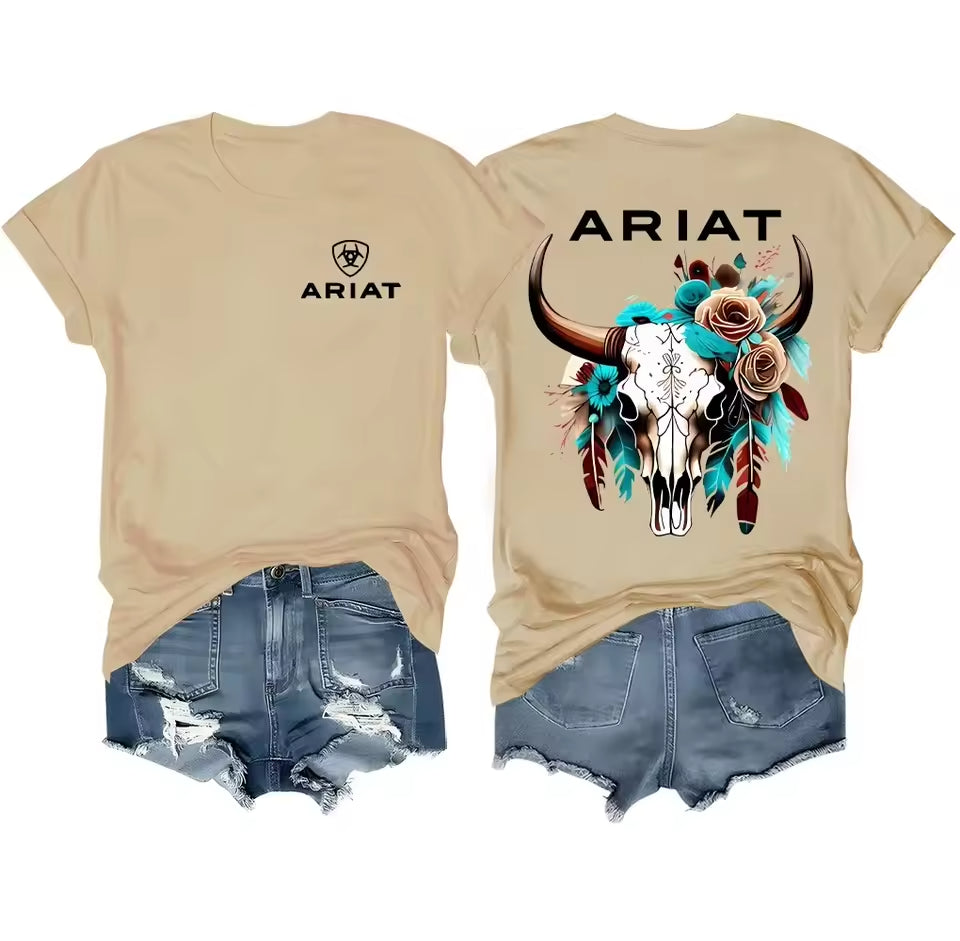 Ariat Wild Bull Skull Floral T-Shirt in Caramel – Flat Lay