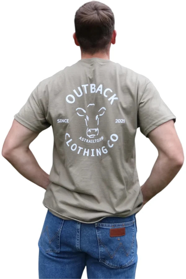 Back Design of Outback Classic Tee - Embroidered Logo on Soft Desert Sand Cotton Shirt