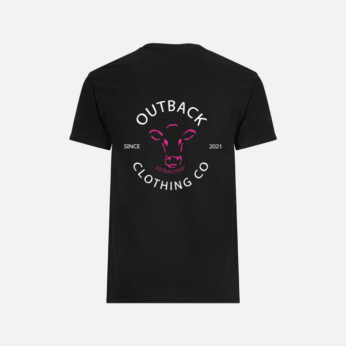 Back of OCC Classic Black Tee featuring bold pink cow head logo with Outback Clothing Co branding