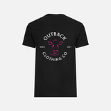 Back of OCC Classic Black Tee featuring bold pink cow head logo with Outback Clothing Co branding
