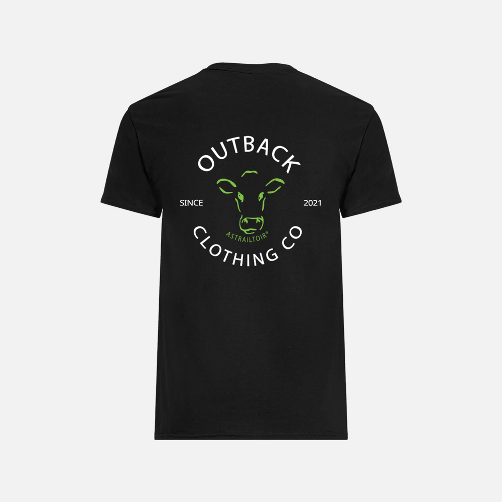 Back view of OCC Classic Black Tee showcasing neon green cow logo