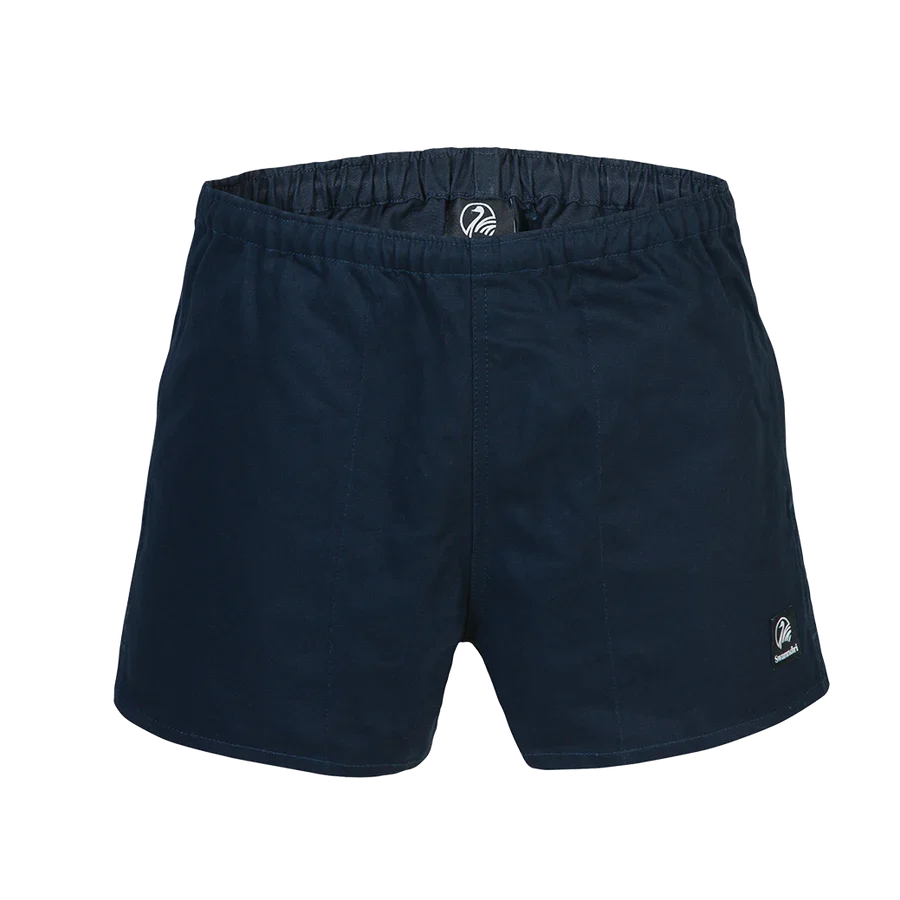 Detail view of Swanndri Men's Cotton Rugby Shorts in Navy showing cotton drill construction.