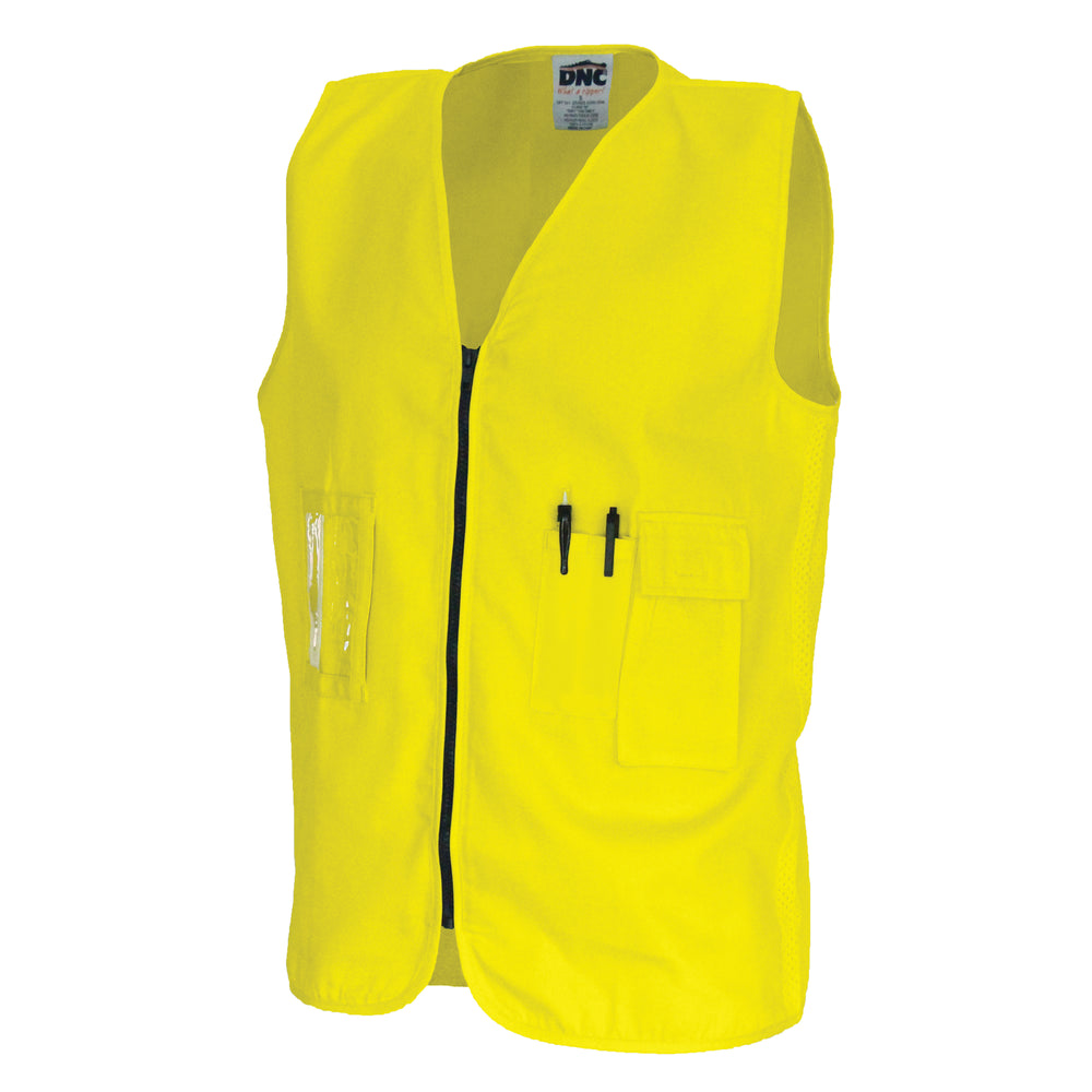 DNC Daytime Cotton Safety Vest – Front View, showing secure zipper closure and Hi-Vis design