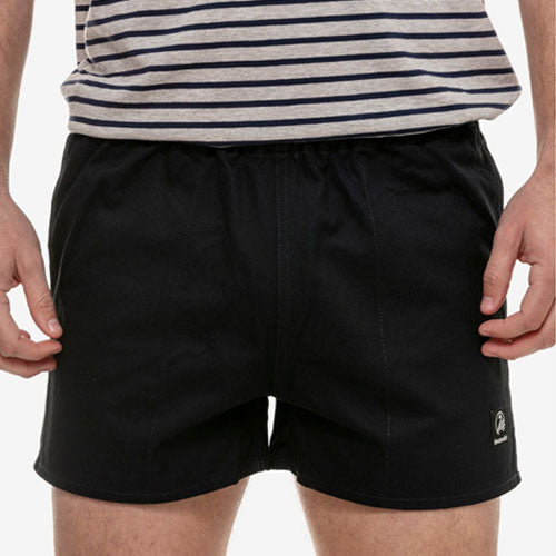 Front view of Swanndri Men's Cotton Rugby Shorts in Navy with elastic waistband and side-entry pockets.