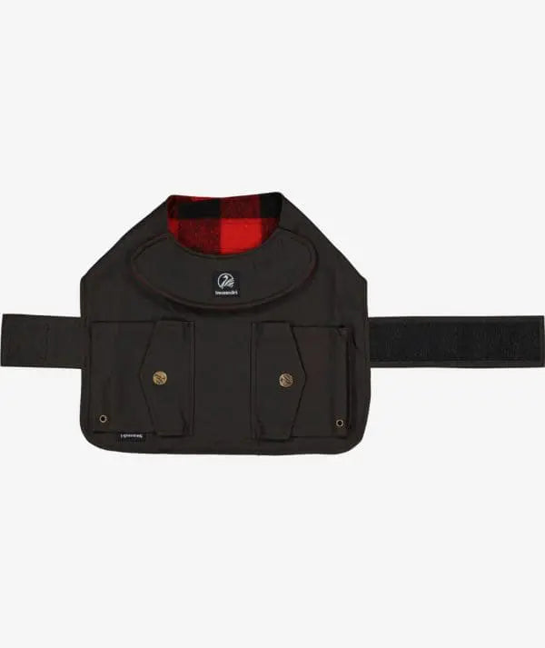 Close-up pocket detail and flap of oilskin wool-lined dog coat