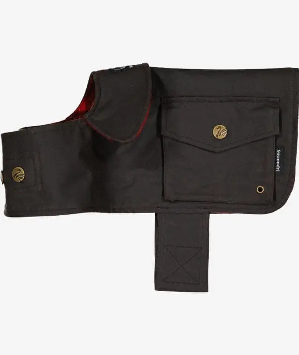 Close-up pocket detail and flap of oilskin wool-lined dog coat