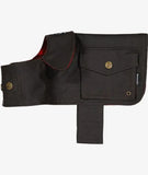 Close-up pocket detail and flap of oilskin wool-lined dog coat