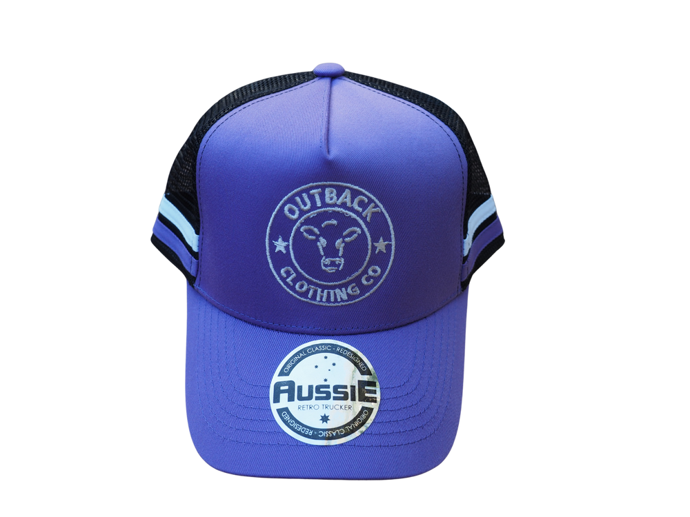 Side view of purple kids trucker cap with purple and white side stripe, white logo embroidery, and black mesh back by Outback Clothing Co.