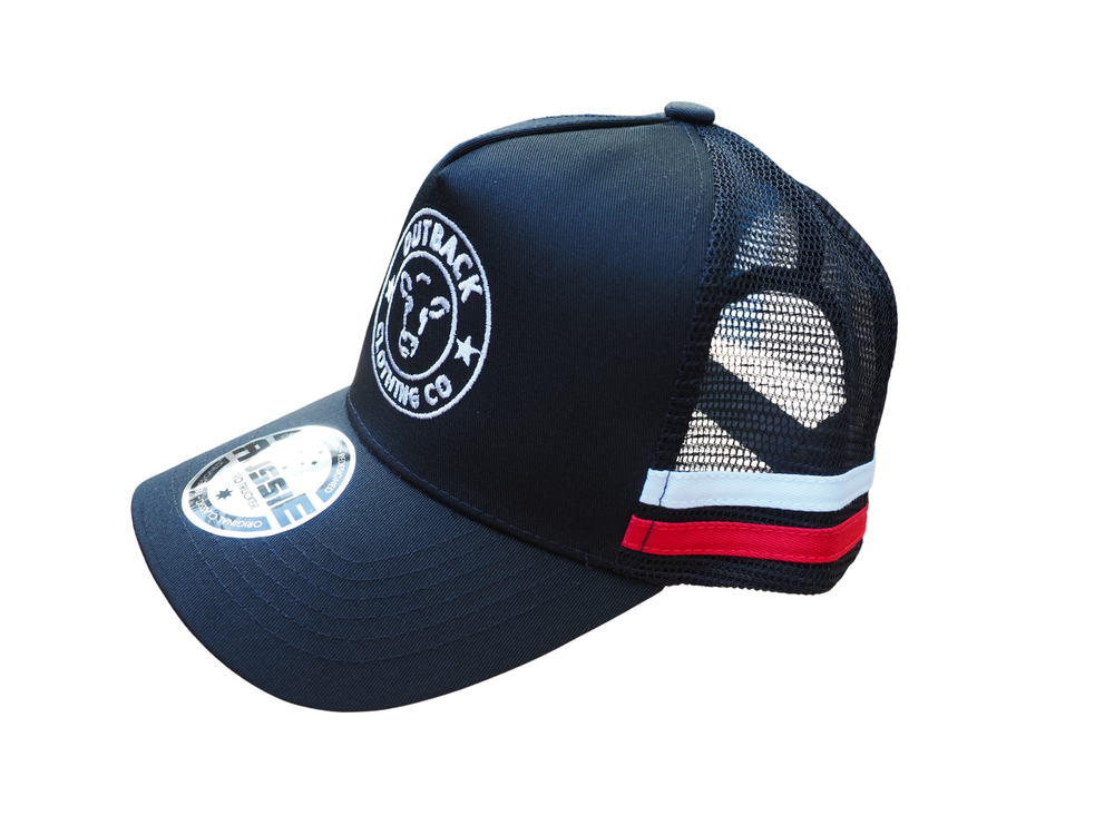Left side view of black kids trucker cap with red and white side stripe, white logo embroidery, and black mesh back.