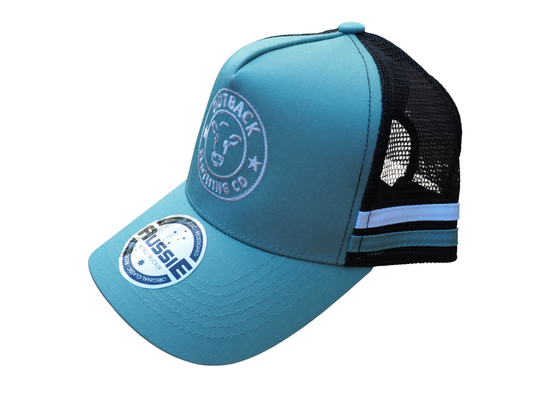 Side view of mint green kids trucker cap with white and mint stripe, white embroidered logo, and black mesh back by Outback Clothing Co.