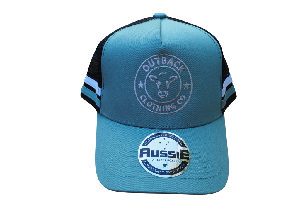 Front view of mint green kids trucker cap with white Outback Clothing Co logo, black mesh back, and silver retro sticker.