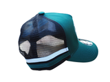 Side view of emerald green and black kids trucker cap with white and green side stripes and mesh back by Outback Clothing Co.