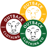 hree round stickers in Outback Ochre, Sunbaked Gold, and Ironbark Green by Outback Clothing Co, perfect for ute windows, water bottles, and eskies.