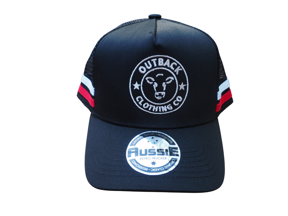 Front view of black kids trucker cap with white Outback Clothing Co logo, red and white side stripes, and silver retro trucker sticker.