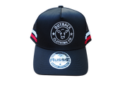 Front view of black kids trucker cap with white Outback Clothing Co logo, red and white side stripes, and silver retro trucker sticker.