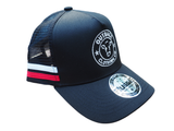 Right side view of black kids trucker cap with red and white stripe, white embroidered Outback Clothing Co logo, and mesh back.