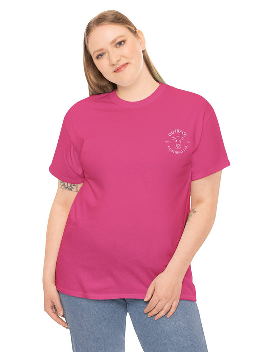 A front view of the Outback Classic Tee in Desert Rose, showcasing its relaxed fit and signature logo.