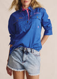 Front view of the S. Kidman Camfield Half Placket Work Shirt in mid blue, featuring button-up half placket and chest pockets.
