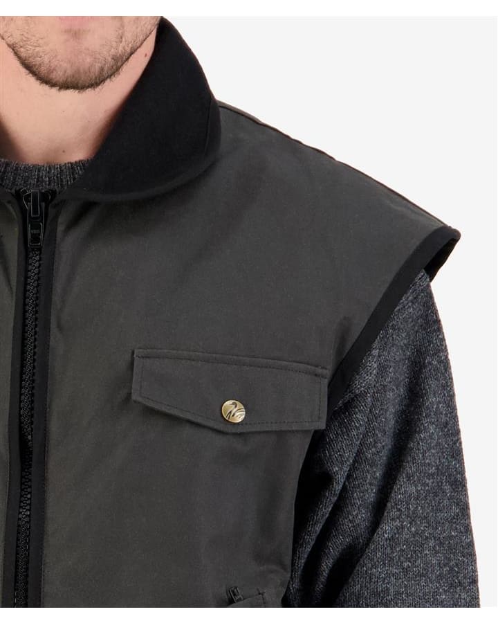Swanndri Levels Oilskin Vest SSD2802 - Close Up view of pocket, zip, collar aand extended shoulder hem.