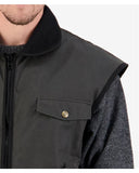 Swanndri Levels Oilskin Vest SSD2802 - Close Up view of pocket, zip, collar aand extended shoulder hem.