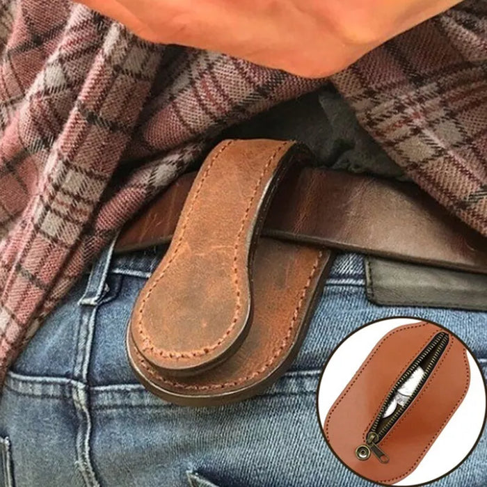 Brown leather belt wallet for coins or medication