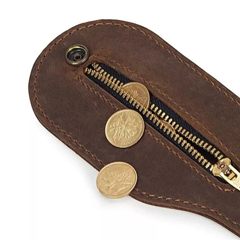Close-up of belt loop on leather coin purse wallet