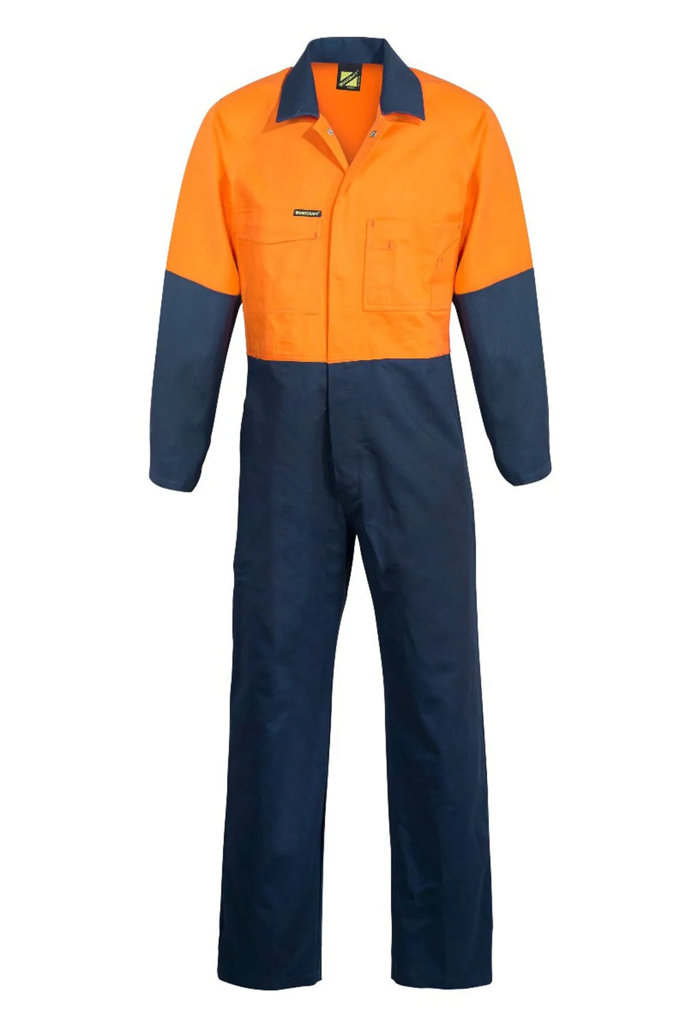 Front view of WC3051 high visibility coveralls in Orange/Navy with metal press studs and safety pockets.