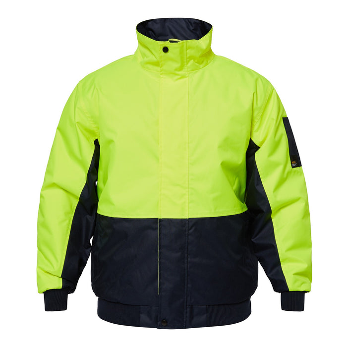 Hi-Vis Modern Bomber Jacket in bright yellow with reflective safety strips, front zipper closure, and adjustable waistband.