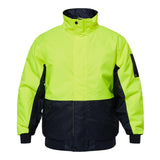 Hi-Vis Modern Bomber Jacket in bright yellow with reflective safety strips, front zipper closure, and adjustable waistband.