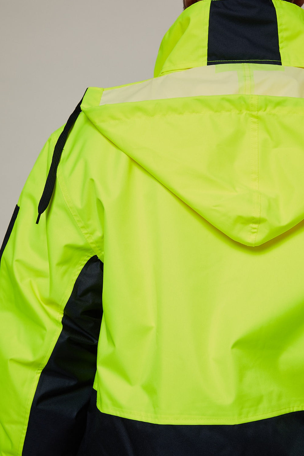 Close-up of reflective silver strips on sleeves and back for enhanced visibility.