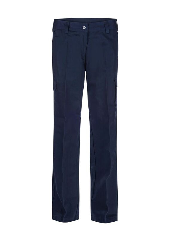 Women's navy mid-weight cargo cotton drill trousers, front view with utility pockets and adjustable waistband.