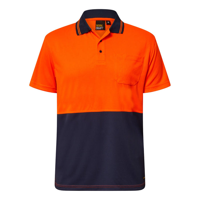 Work Craft Hi-Vis Lightweight Short-Sleeve Micromesh Polo With Pocket-WSP208 Back View in Orange/Navy
