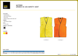 Specifications and size chart for the Work Craft UNISEX HI VIS SAFETY VEST (WV7000), listing material details, compliance standards, and sizing information.