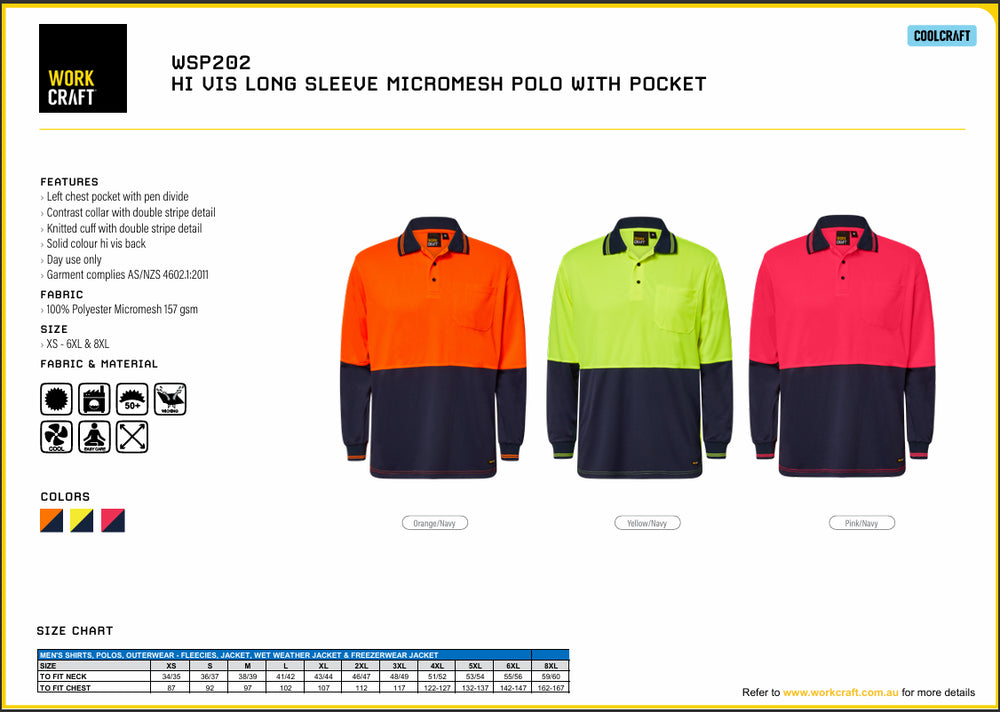 Image displaying WorkCraft WSP202 Hi Vis Long Sleeve Micromesh Polo With Pocket Specifications & Size Chart including front images of the shirt in their 3 colours: Orange/Navy, Yellow/Navy & Pink/Navy.