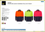 Image displaying WorkCraft WSP202 Hi Vis Long Sleeve Micromesh Polo With Pocket Specifications & Size Chart including front images of the shirt in their 3 colours: Orange/Navy, Yellow/Navy & Pink/Navy.