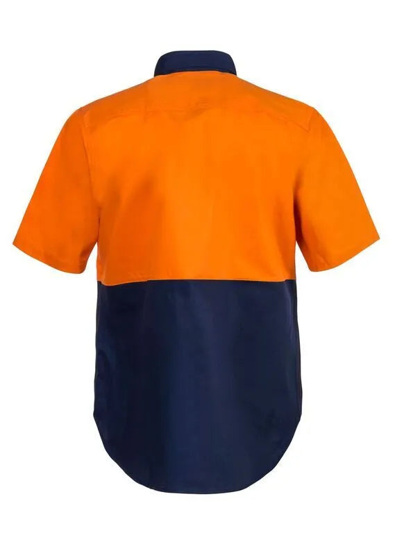 Back view of HI VIS Short Sleeve Cotton Drill Shirt Style WS3023 in Orange/Navy