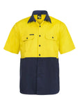 Front view of HI VIS Short Sleeve Cotton Drill Shirt Style WS3023 in Yellow/Navy