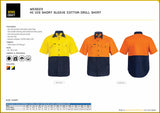 A size guide and specification chart showing the front and back of the shirt in both Yellow/Navy and Orange/Navy