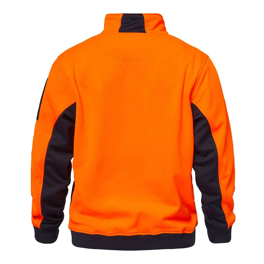 Back view of Workcraft Hi Vis Pullover in Orange and Navy showing solid hi vis back and contrast sleeves