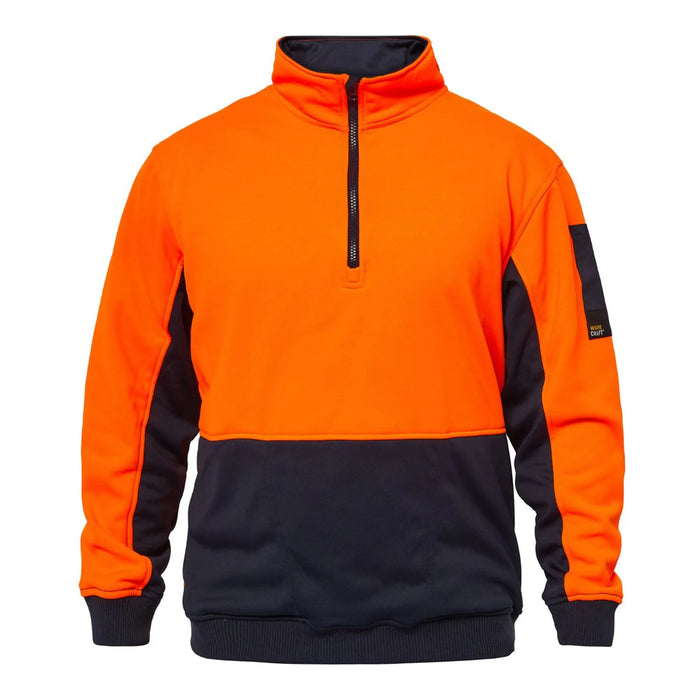 Front view of Workcraft Hi Vis Half Zip Pullover in Orange and Navy with kangaroo pocket and high visibility panel