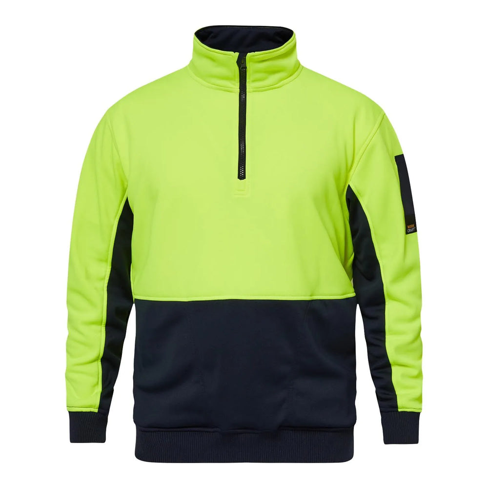 Front view of Workcraft Hi Vis Half Zip Pullover in Yellow and Navy with pen pocket and dirt contrast panels