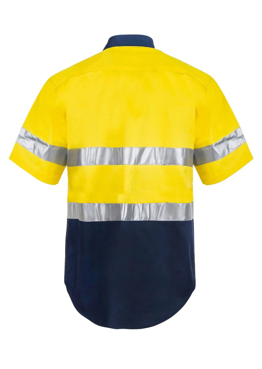 Back view of Workcraft Hi Vis Short Sleeve Cotton Drill Reflective Shirt WS4001 in yellow/navy