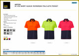 Workcraft WSP201 Hi Vis Short Sleeve Micromesh Polo with Pocket specifications & Size Guide pictured with the front view of the 3 colours: Orange/Navy, Yellow/Navy, Pink/Navy