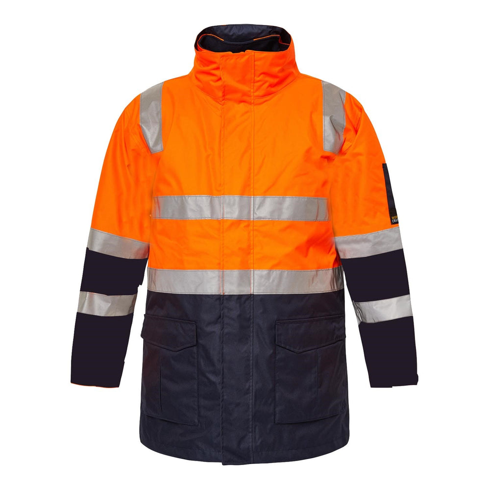 Front view of Workcraft WW9032 safety jacket in orange and navy – waterproof and reflective